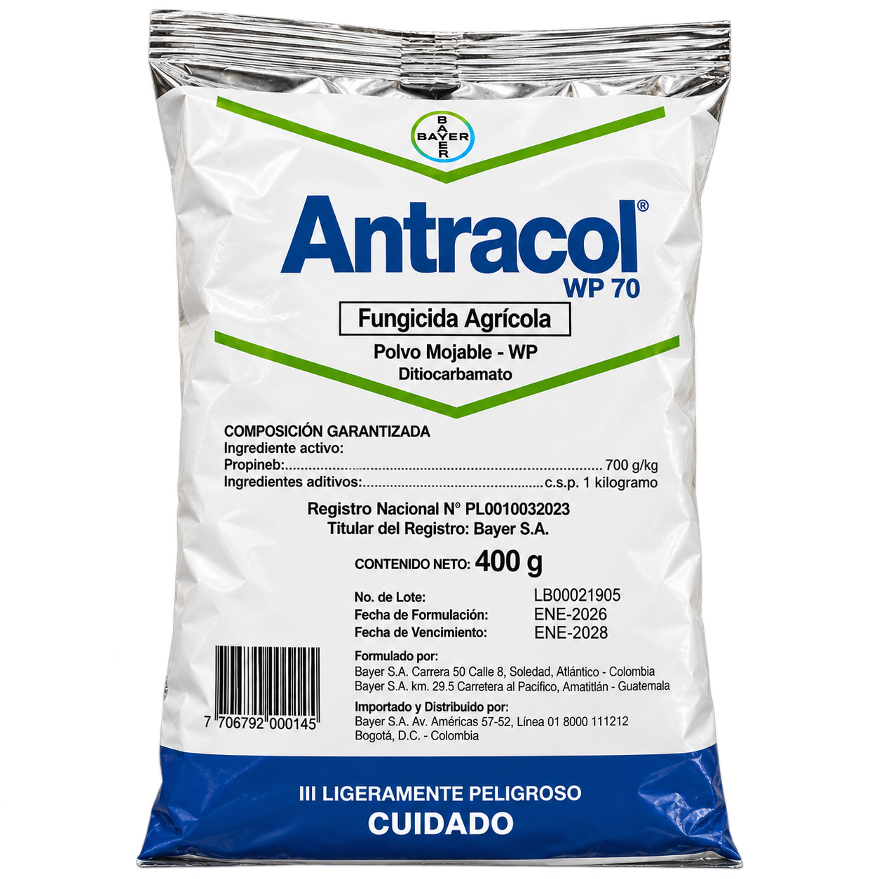 Antracol WP 70 fungicida agrícola, presentación de 400 g