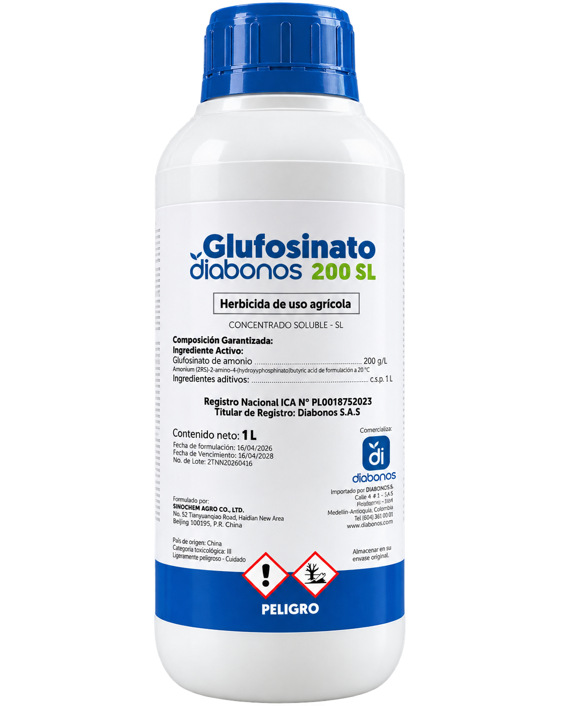 Glufosinato de amonio Diabonos 200 SL herbicida agrícola, presentación de un litro