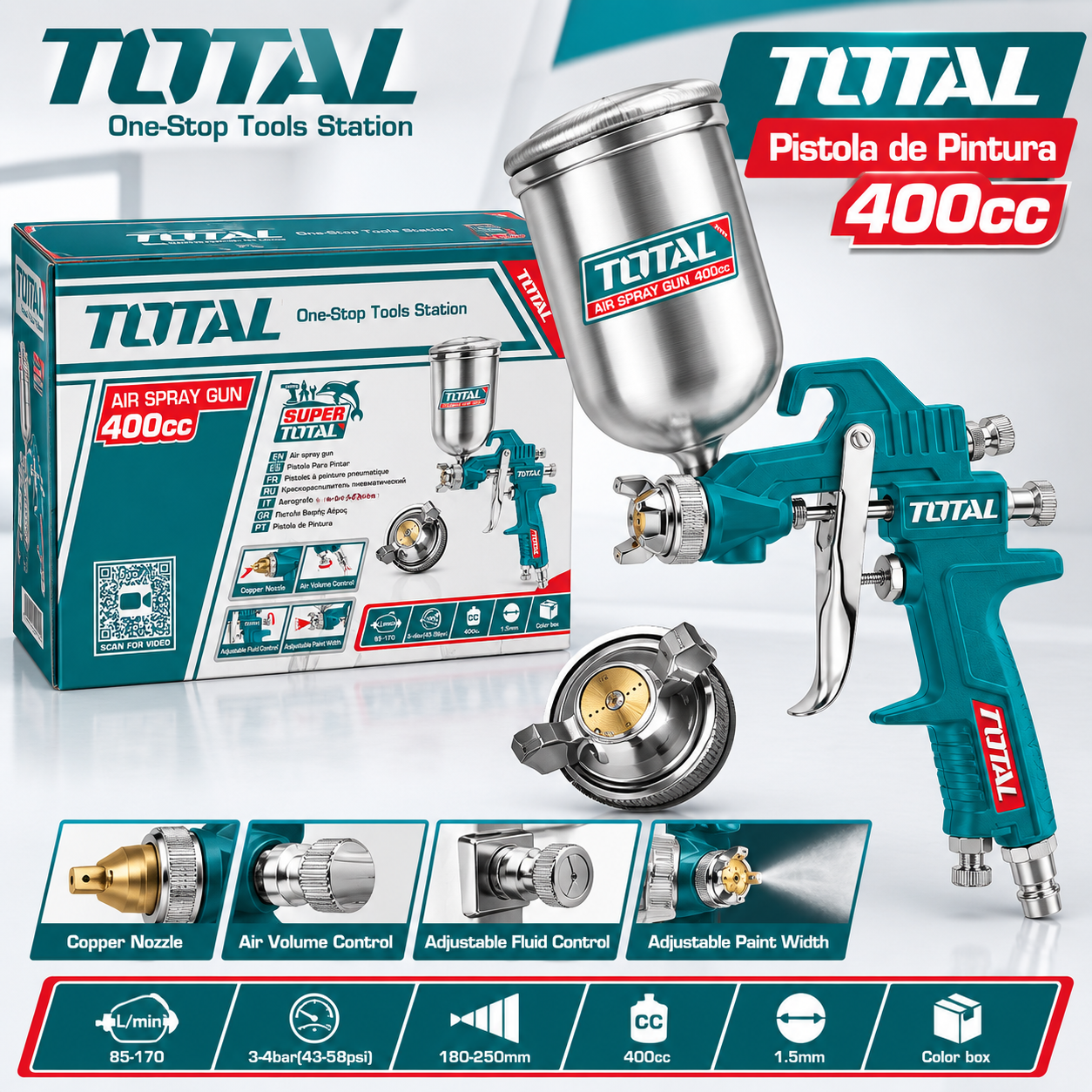 Pistola neumática para pintar Total con depósito de 400 cc