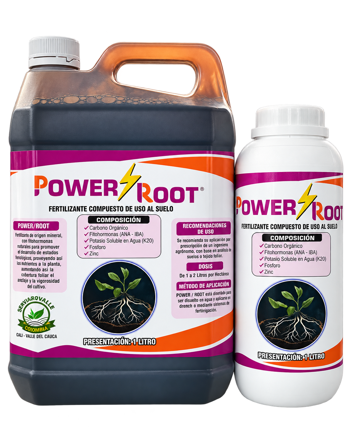 Power Root fertilizante agrícola en presentaciones de galón y litro