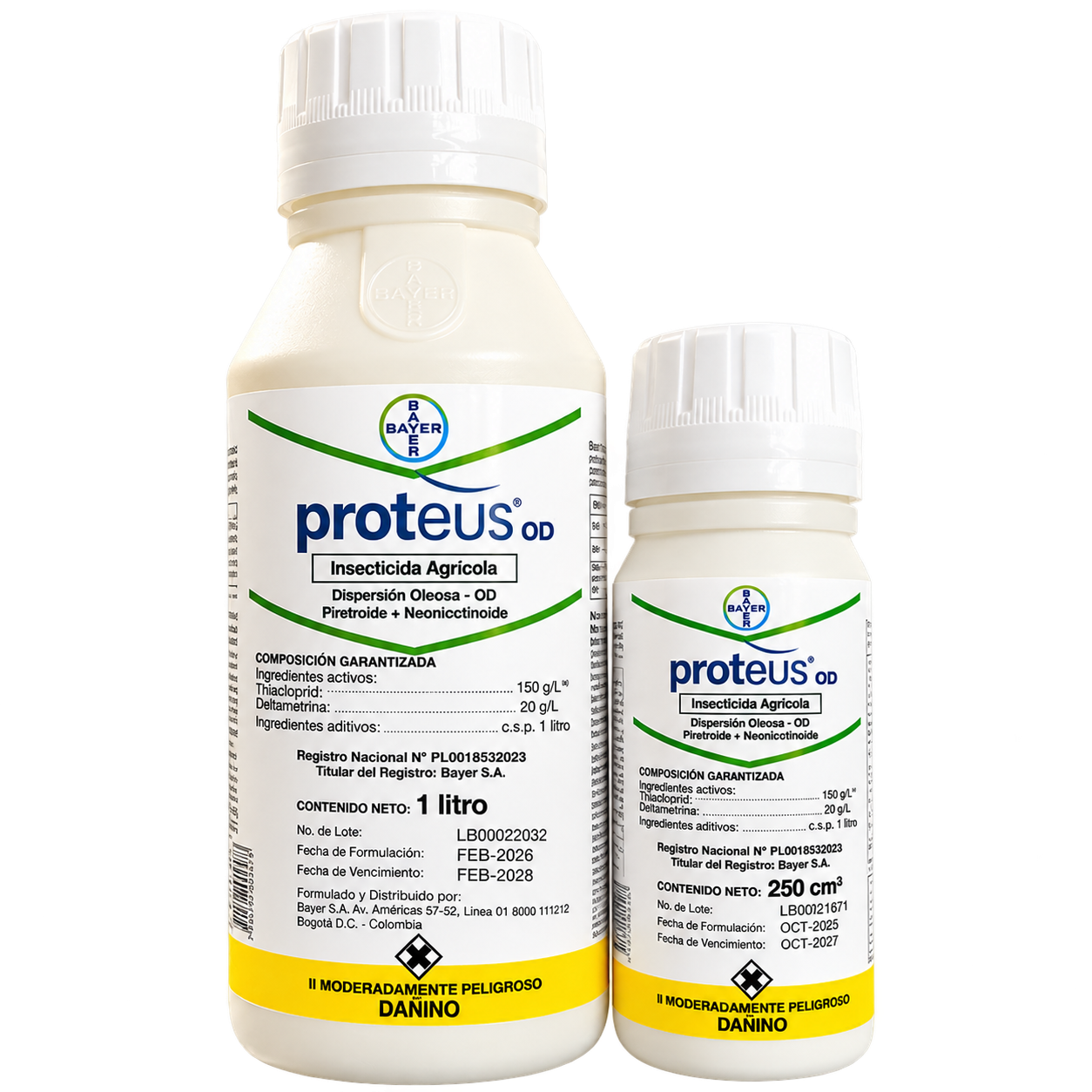 Proteus OD Bayer insecticida agrícola, envases de litro y presentación pequeña