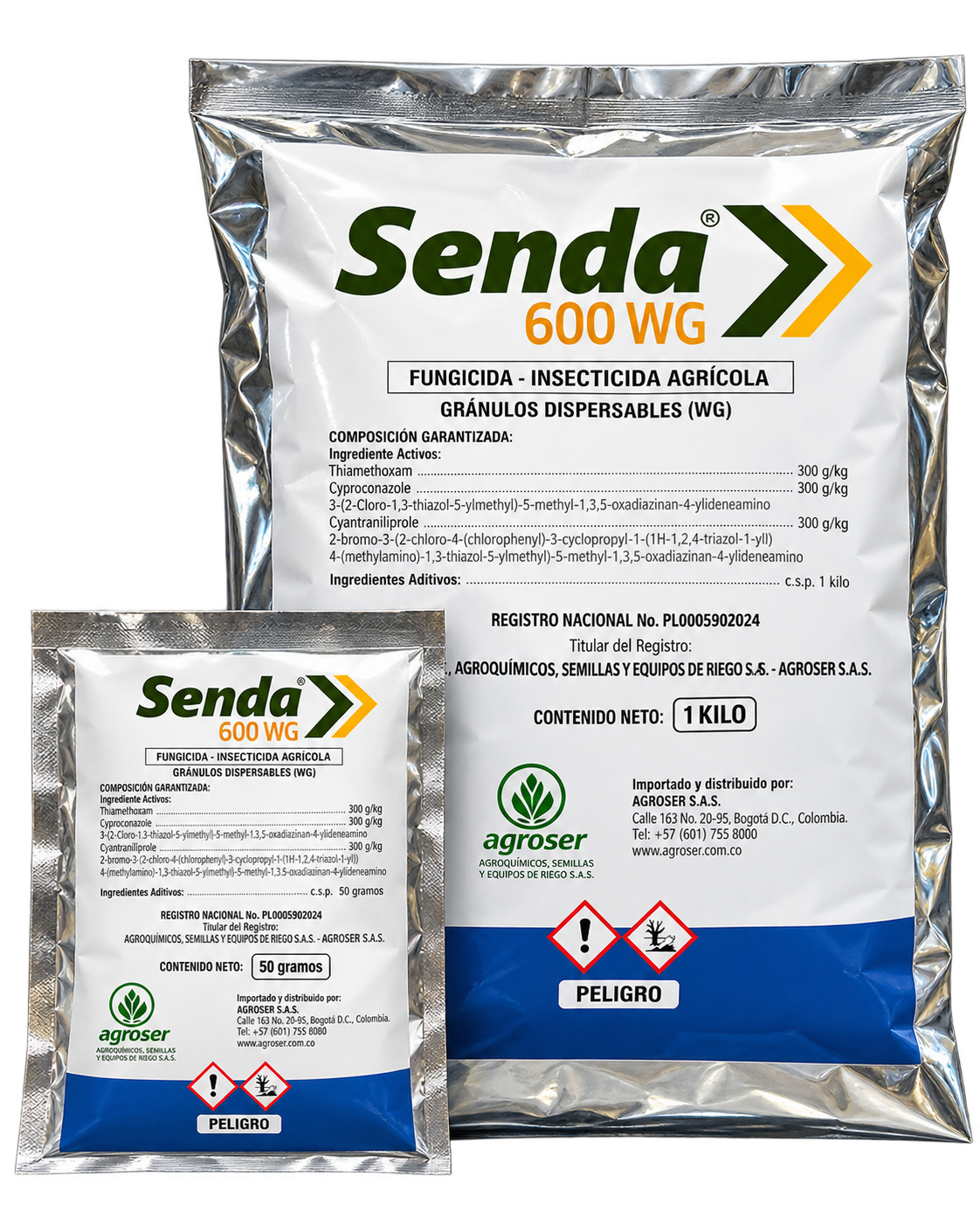 Senda 600 WG fungicida e insecticida agrícola en presentaciones de 1 kg y 50 g